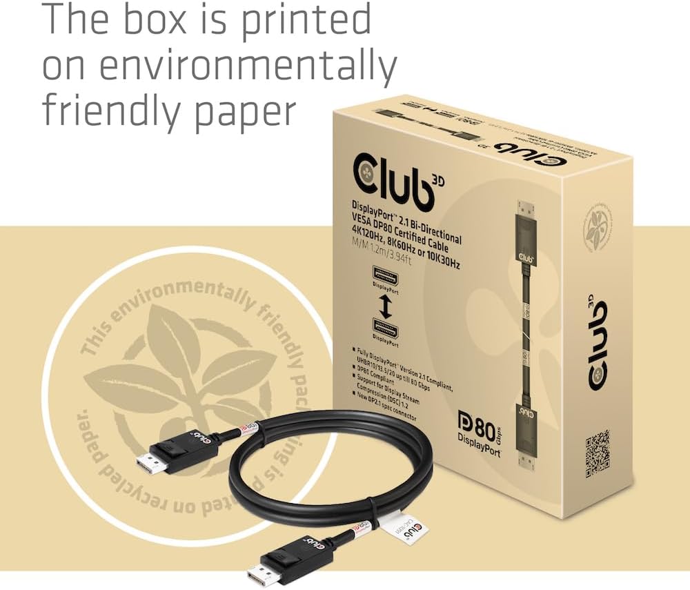 Club3D CAC-1091 DisplayPort™ 2.1 Bi-Direktionales VESA DP80 zertifiziertes Kabel 4K120Hz, 8K60Hz ode