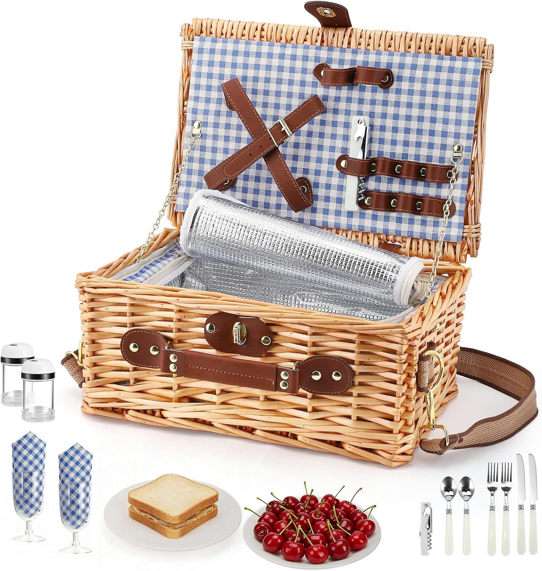 Wicker Picknickkorb für 2 Personen – Picknickkorb-Set mit Isolierfach,komplettem Geschirr &amp; Besteck,