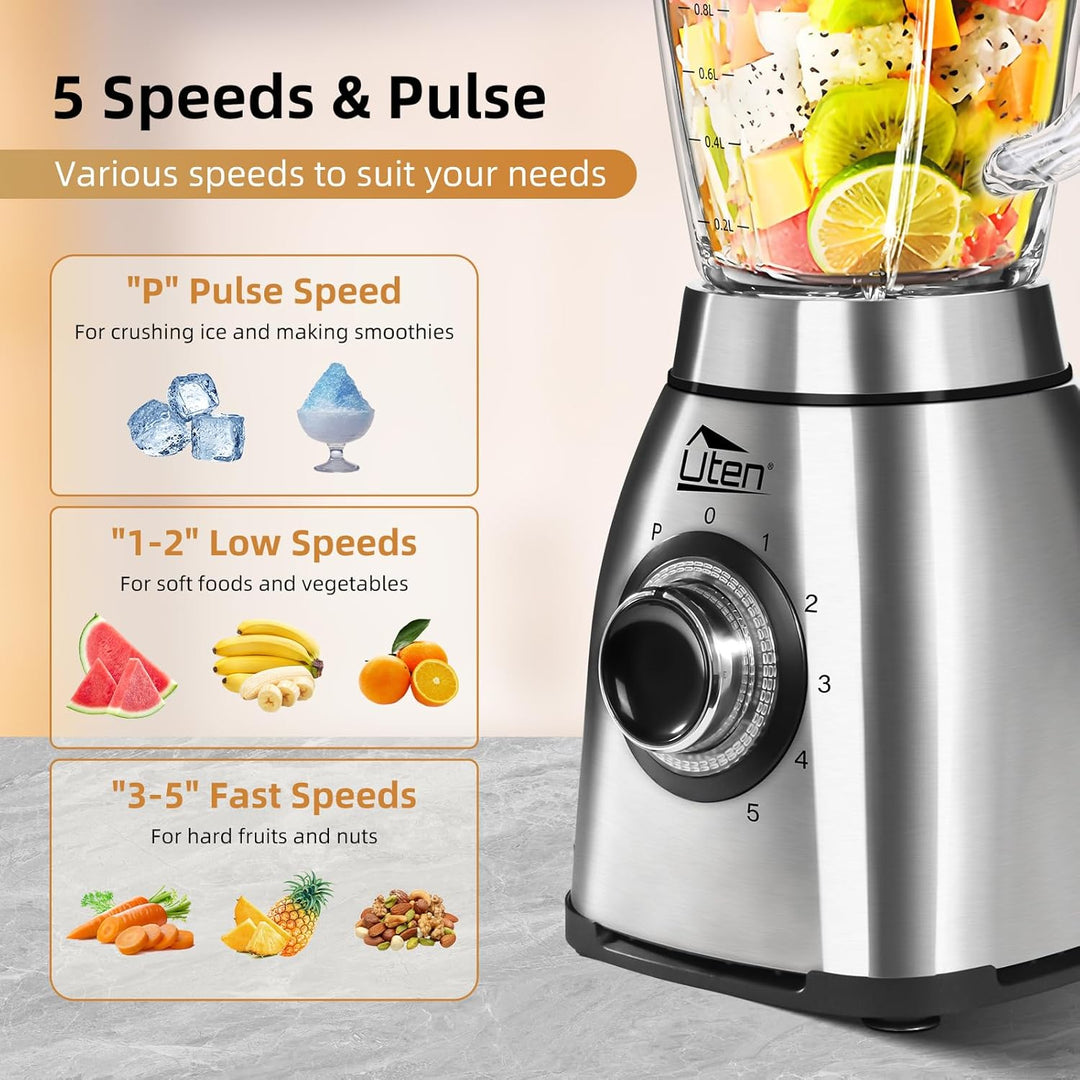 Uten Standmixer 2L, 1800 W Mixer Hochleistungsmixer und Smoothie Maker, Pulsfunktion und 5 Geschwind