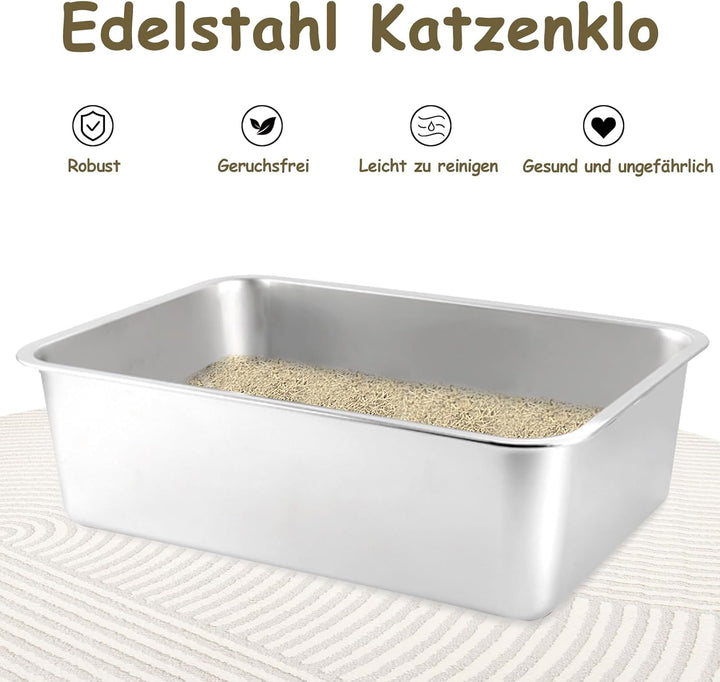 XXL Katzenklo 50 * 35 * 15CM Katzentoilette Edeltsahl Katzentoilette Gross, offenes Katzenklo für Ei