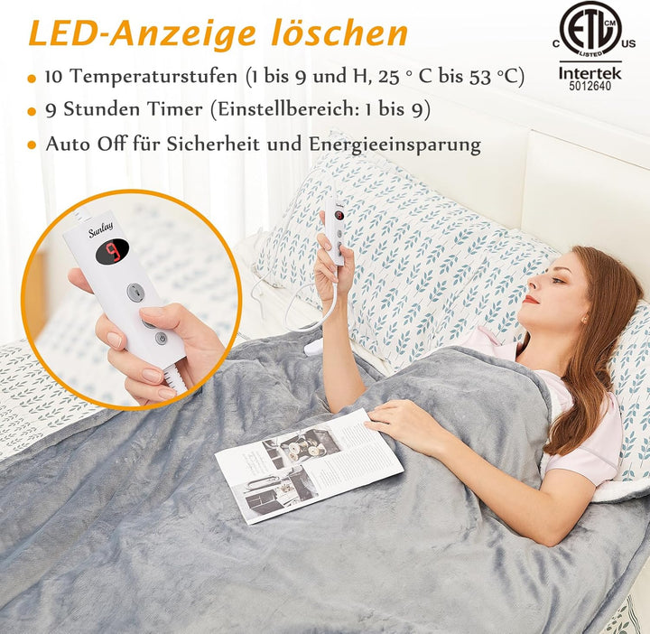 Heizdecke mit Abschaltautomatik, 130x160cm, 10 Heizstufen Up-to-9 Stunden Auto-Off-Timer Überhitzung