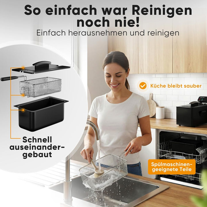 ProfiCook® Friteuse mit Fett | 130-190°C | Fritteuse mit Öl | 2000W | 3L | spülmaschinengeeignete Te