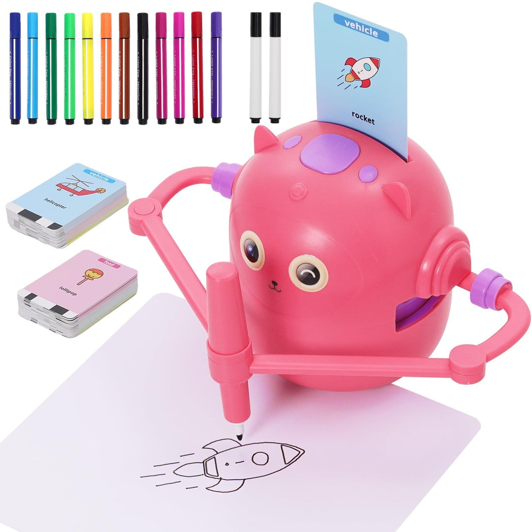 Malroboter für Kinder, Zeichenroboter Kinder mit Sprachanleitung, 100 Karten & 14 Stift, Mal-Roboter
