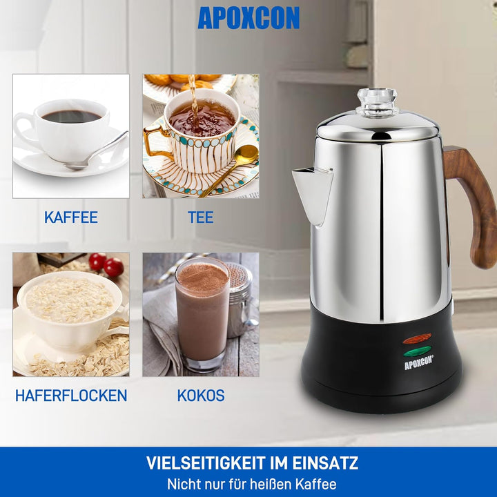 APOXCON Edelstahl18/8 (SS304) -Kaffeekanne (6 Tassen) – mit Sichtglas, Warmhaltefunktion & kordlosem