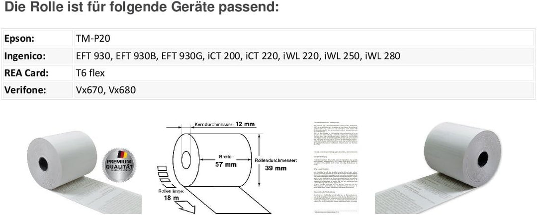 Additionsrolle für Tischrechner, Thermopapier, 12mm ø, 57mm breit, weiss