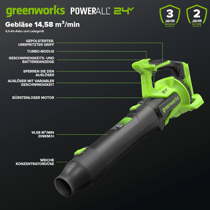 Greenworks 24V Akku-Laubbläser, Bürstenlos, 14,58 m³/min, 209 km/h, QUIETFORCE, inkl. 4Ah USB Akku &