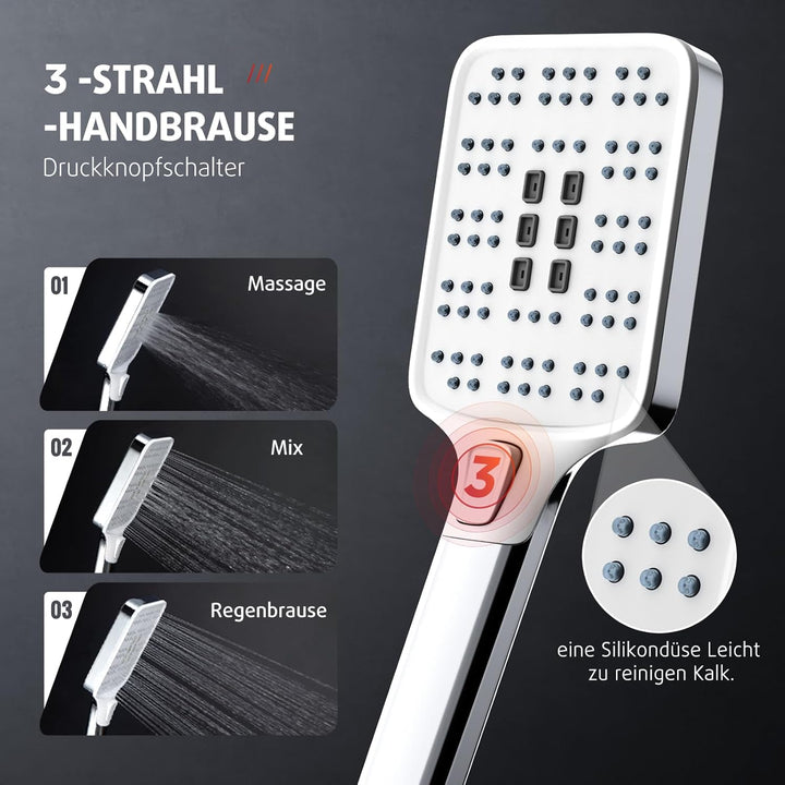 Rainsworth Duschsystem mit Ablage Chrom - 30 X 30 cm eckig Regendusche und 3 Strahlarten Duschkopf,