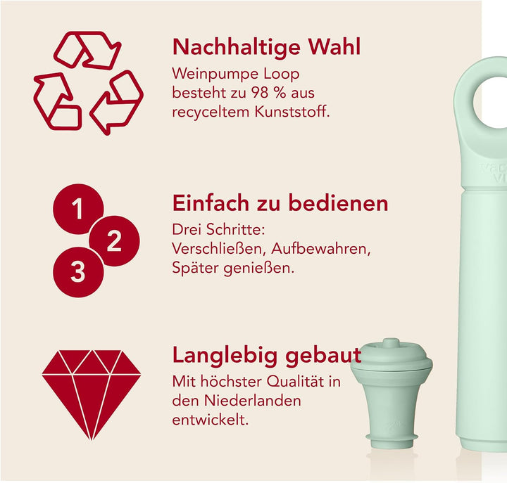 Vacu Vin Weinpumpe Loop - Vakuum Weinflaschenverschluss - 1 Pumpe 1 Stopper aus 98% Recyceltem Mater