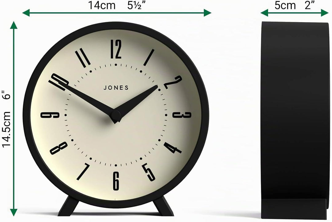 JONES CLOCKS® Venus schreibtischuhr | Modernes rundes Design | Schwarz | Stilvoller retrolook für Re