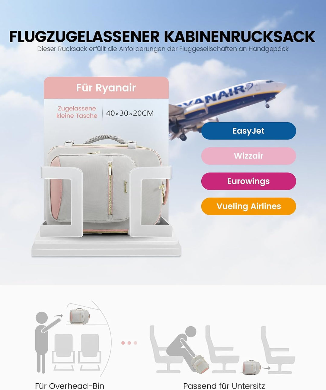 LOVEVOOK Ryanair Handgepäck 40x30x20, Handgepäck Rucksack Tasche Reiserucksack Flugzeug, Carry On Ha