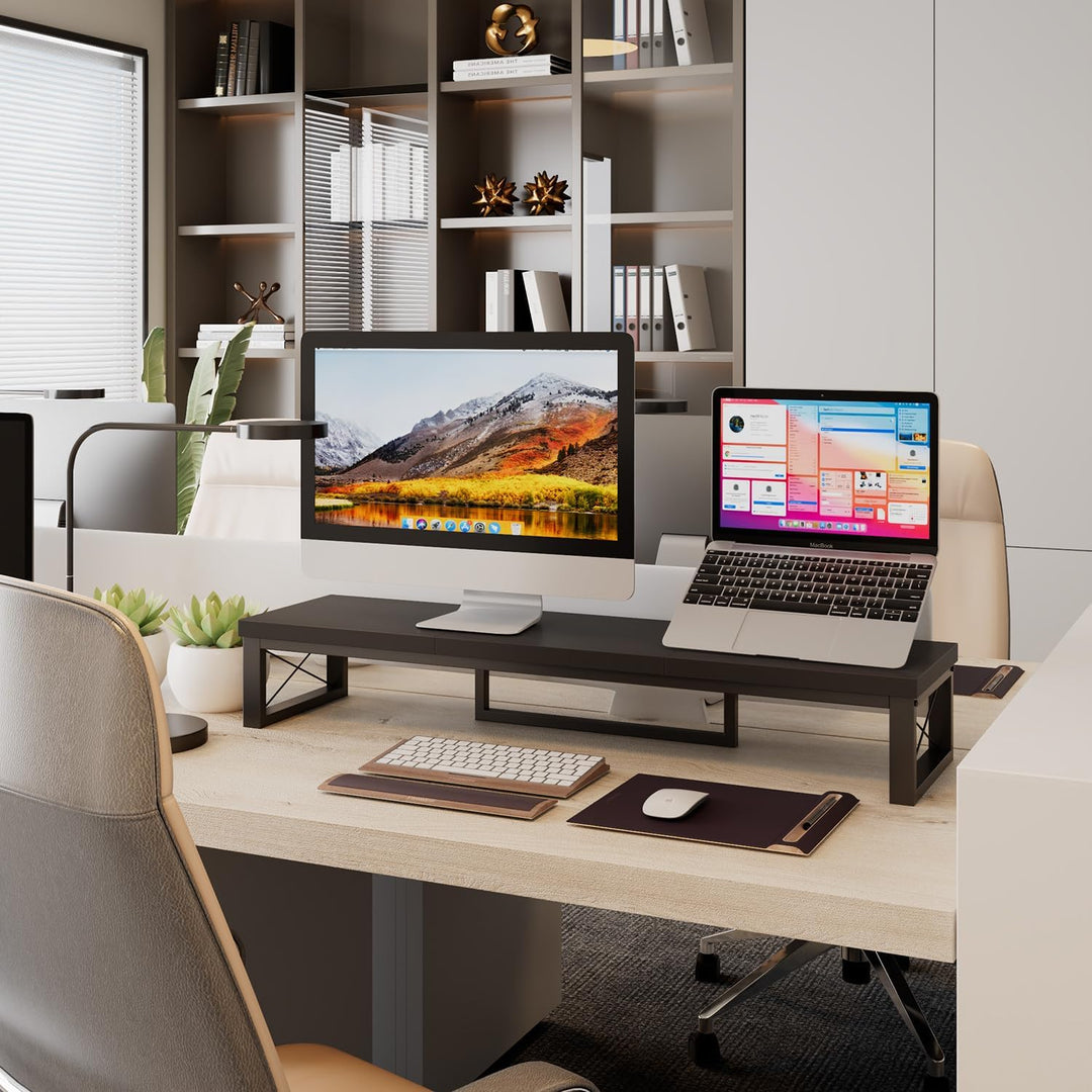 IBUYKE Dual Monitorständer, Computer Bildschirmerhöhung, 97cm Holz Schreibtisch Monitor Erhöhung mit