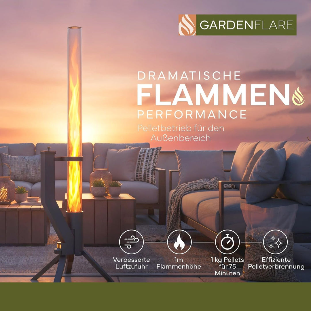 Gardenflare GARDENFLARE Feuerrohr Klassik – Edelstahl Feuersäule und Pelletfackel für Tolles Ambient