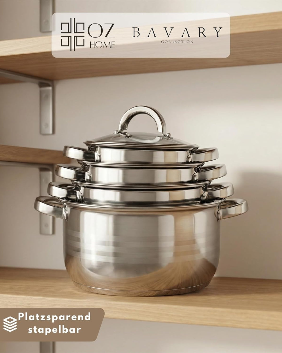 BAVARY Topfset, 8-teilig – 18/10 Edelstahl-Kochtopfset mit Glasdeckeln – Supercapsule-Boden – geeign