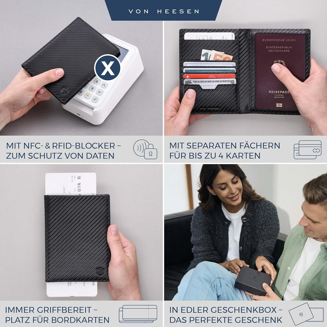 VON HEESEN® Reisepasshülle Etui mit RFID-Schutz - Passhülle Passport Reisepass Mappe Hülle Organizer