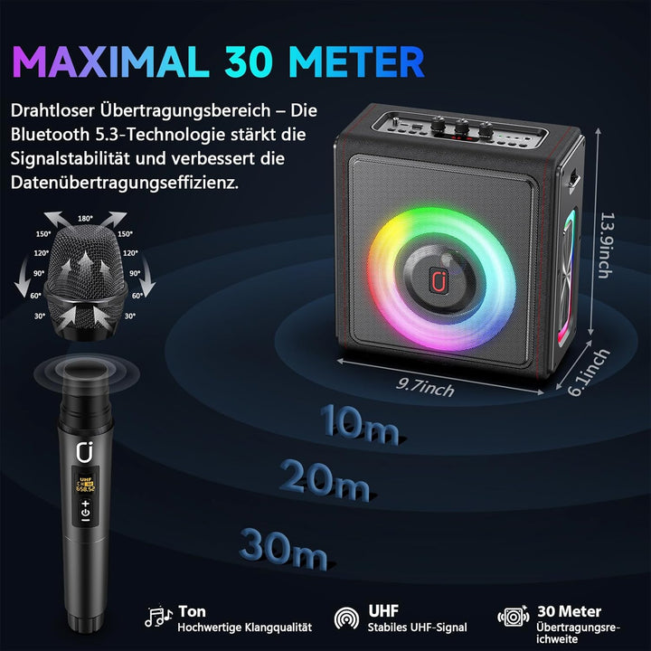 Karaoke Maschine mit 2 drahtlosen Mikrofones, Tragbaren Bluetooth 5.3 Karaoke Anlage Lautsprecher mi