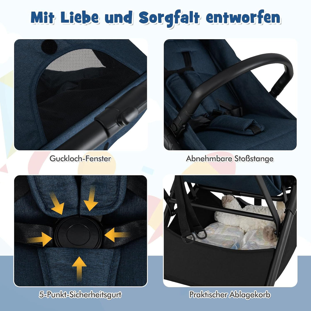 COSTWAY Kinderwagen klappbar, Reisebuggy mit Liegefunktion, Kinderbuggy tragbar mit verstellbarer Rü