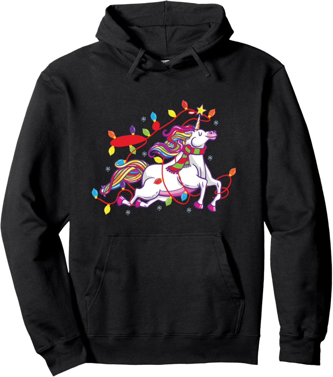 Weihnachtseinhorn, das Lichterkettengeschenk trägt Pullover Hoodie