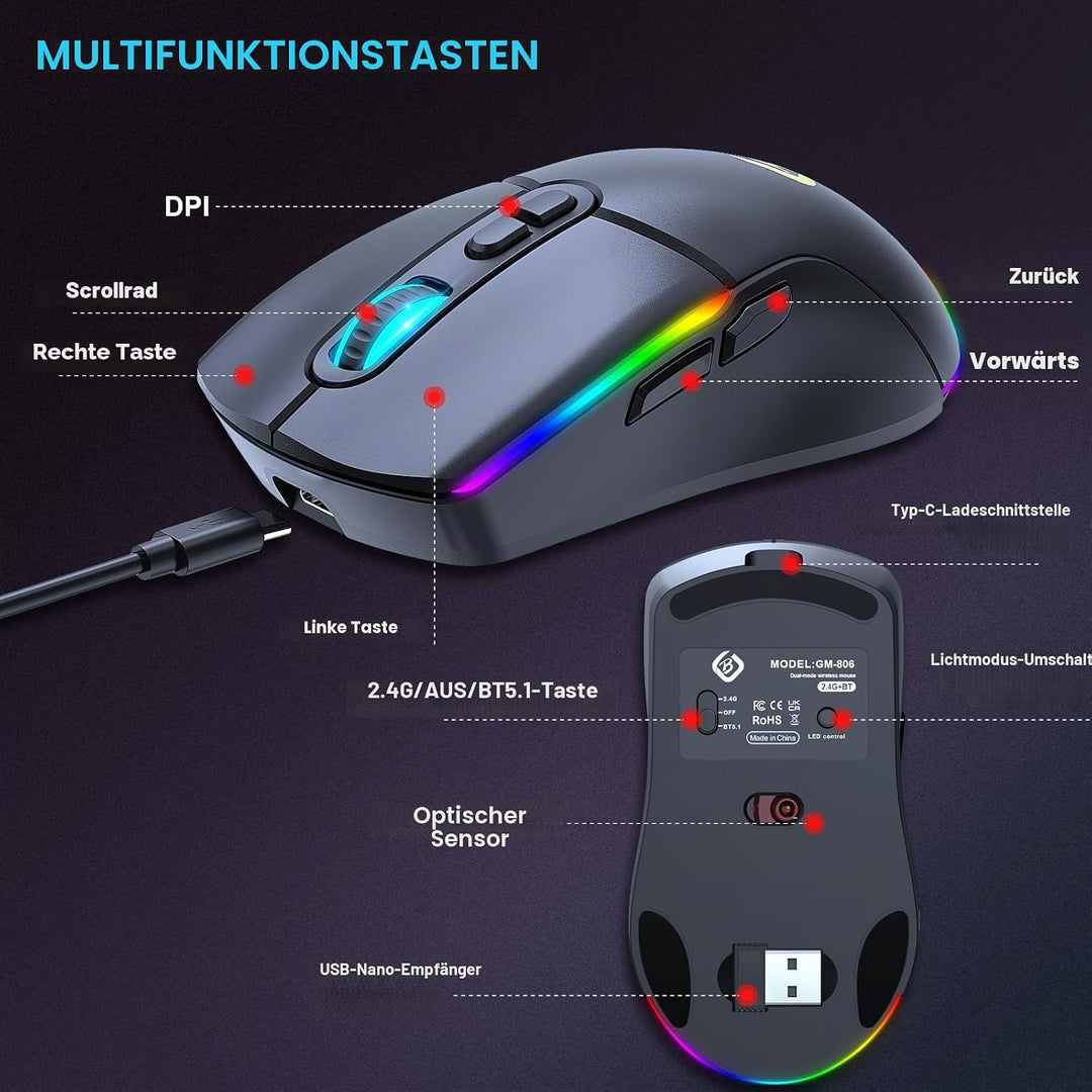 Kabellose Gaming Maus, Dual Mode 2.4GHz/Bluetooth 5.1 Maus Gaming, RGB LED Hintergrundbeleuchtung, E