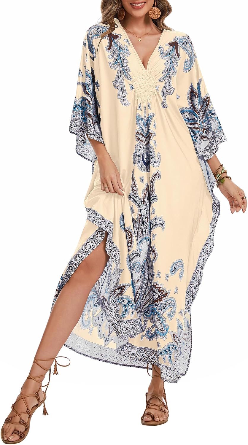 Bsubseach Frauen Plus Grösse Kaftan Kleid Badeanzug Druck Kaftan Strand Cover Up Kleid Aprikose-1, A
