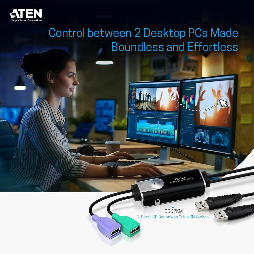 ATEN CS62KM 2-Port grenzenloser KM Switch, schwarz