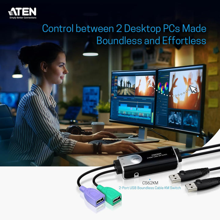 ATEN CS62KM 2-Port grenzenloser KM Switch, schwarz