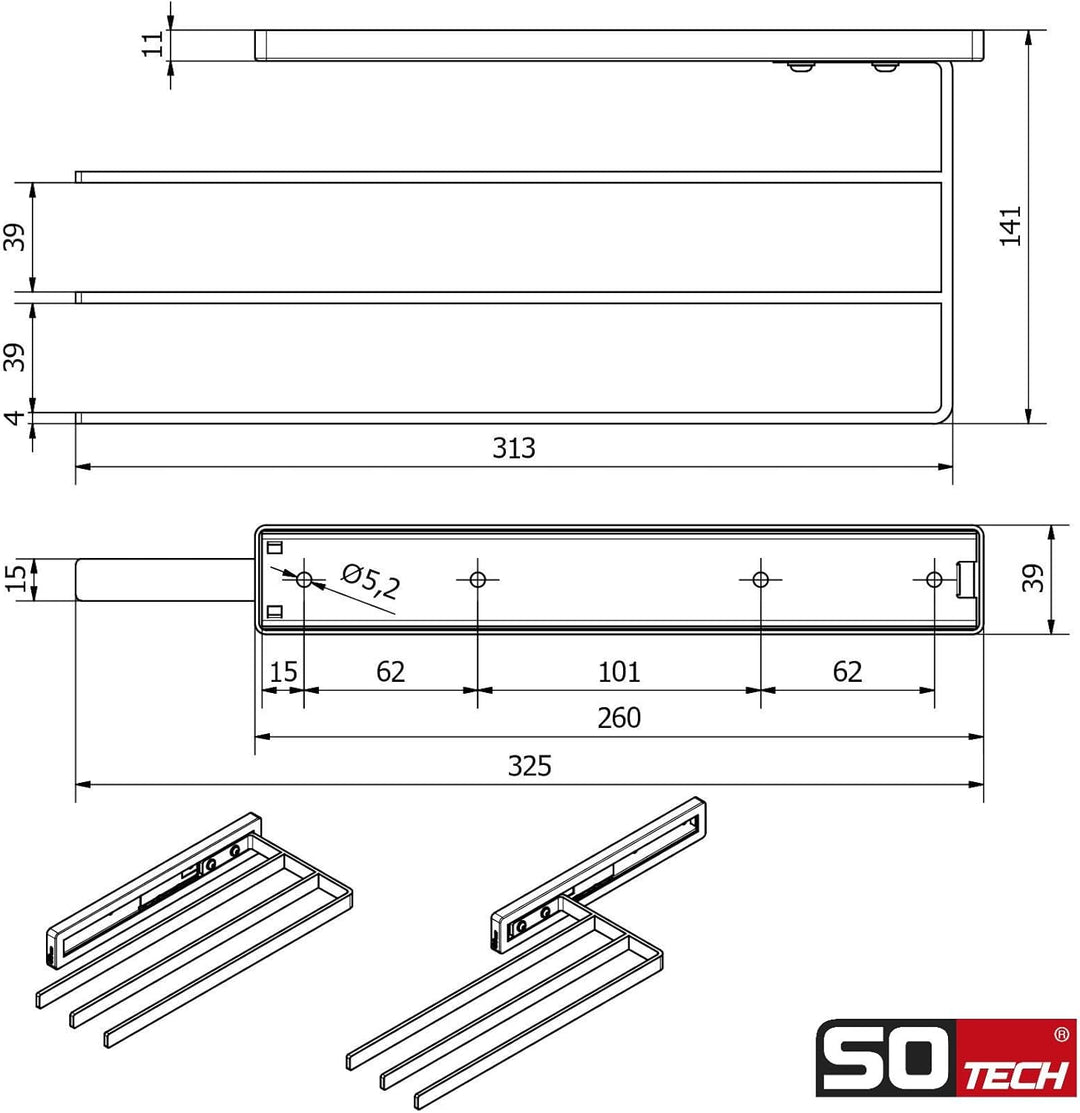 SOTECH Handtuchauszug Style 3-armig Chrom poliert 325 mm Auszugsweg 145 mm Handtuchhalter für Seiten