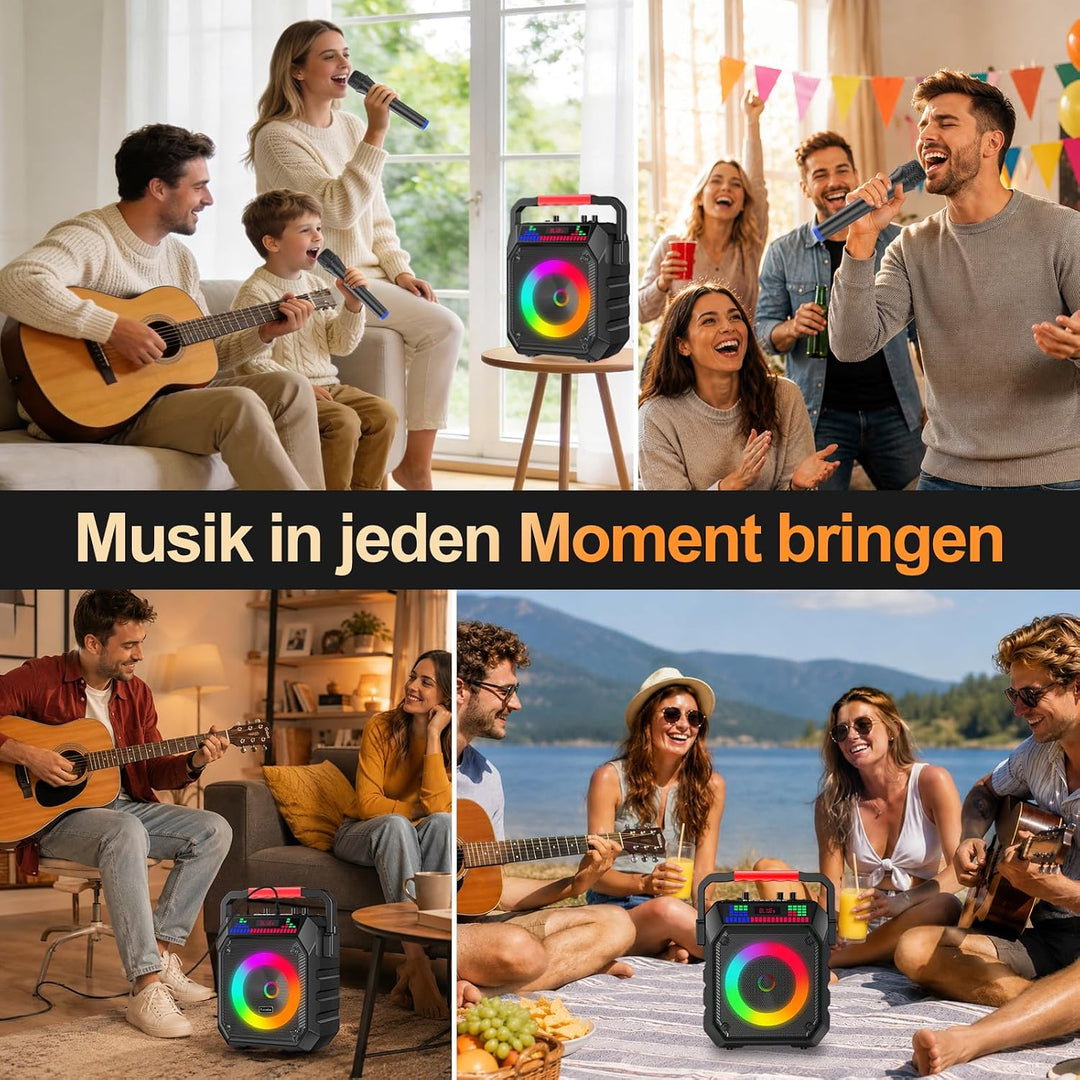 Karaoke Maschine mit 2 Mikrofone, Tragbaren Bluetooth Lautsprecher Box für Erwachsene/Kinder mit Lic