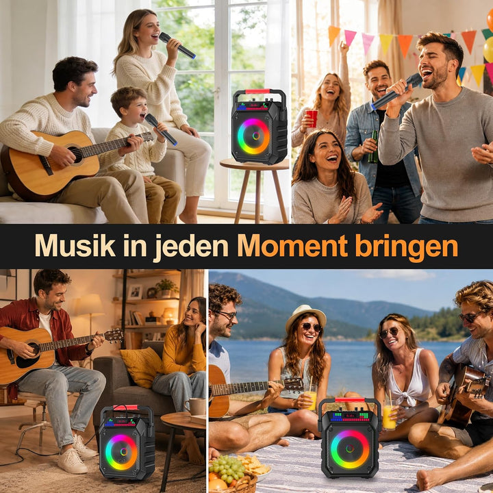 Karaoke Maschine mit 2 Mikrofone, Tragbaren Bluetooth Lautsprecher Box für Erwachsene/Kinder mit Lic