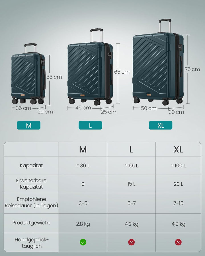 SONGMICS Koffer, Reisekoffer, Hartschalenkoffer mit TSA-Schloss, Koffergurt, ABS-Trolley, 4 Zwilling