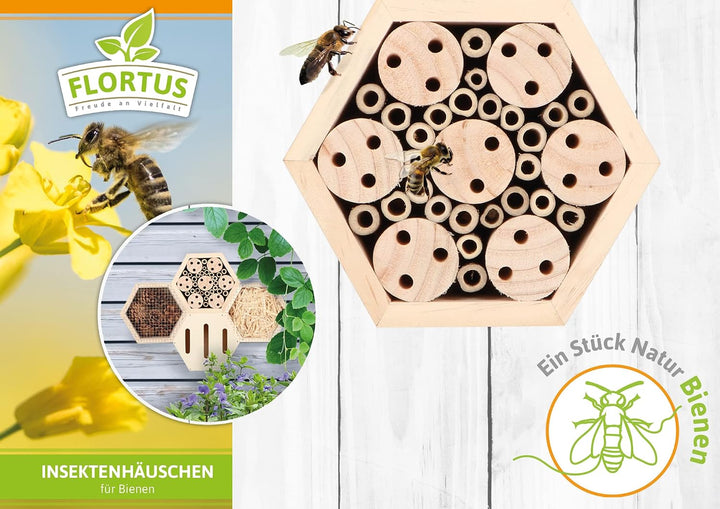 FLORTUS Insektenhotel Bienen | naturbelassenes Bienenhotel 15 x 13 x 6 cm | Wildbienenhotel für den