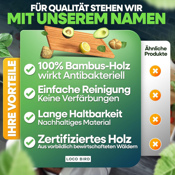 Loco Bird Schneidebrett Holz 45x30x2cm – Grosses Holzbrett aus Bambus für die Küche, messerschonende