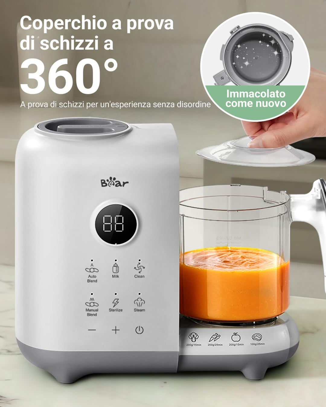 Bear 6-in-1 Dampfgarer mit Mixer Premium Babynahrungszubereiter,Dämpfen, automatisches Rühren, Milch