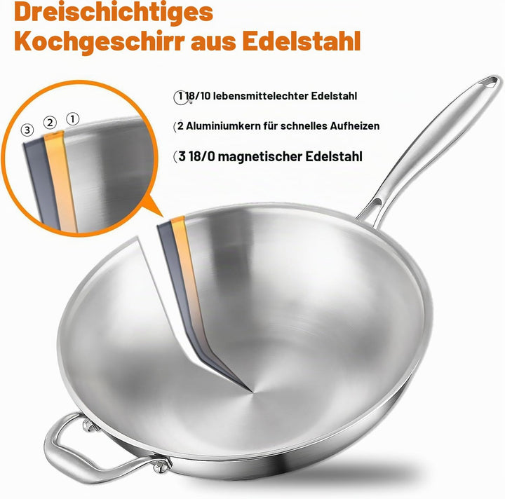 Wokpfanne Unbeschichtet Induktion 30cm: 3-Schichtige Edelstahl Wok,Frei von PFOA,PTFE,mit Deckel und