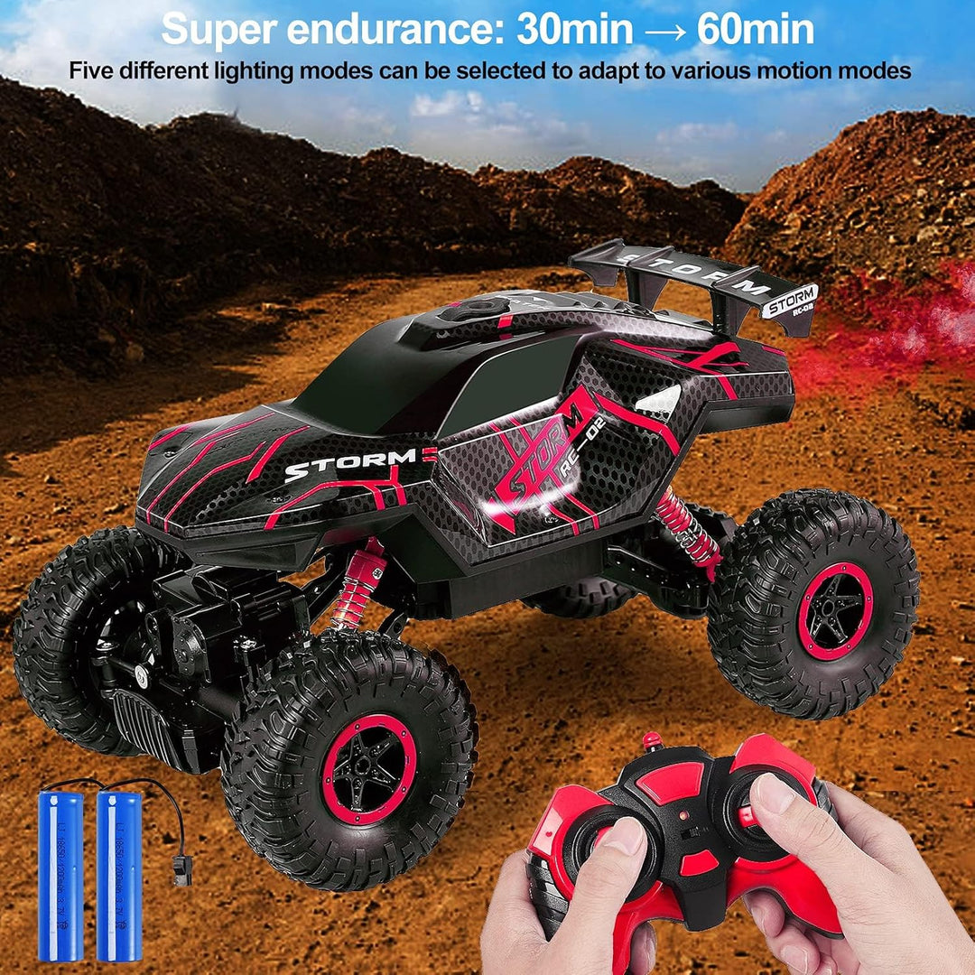 Herefun Ferngesteuertes Auto, 2.4GHz RC Auto für Kinder mit LED Licht und Spray, 4WD Wiederaufladbar