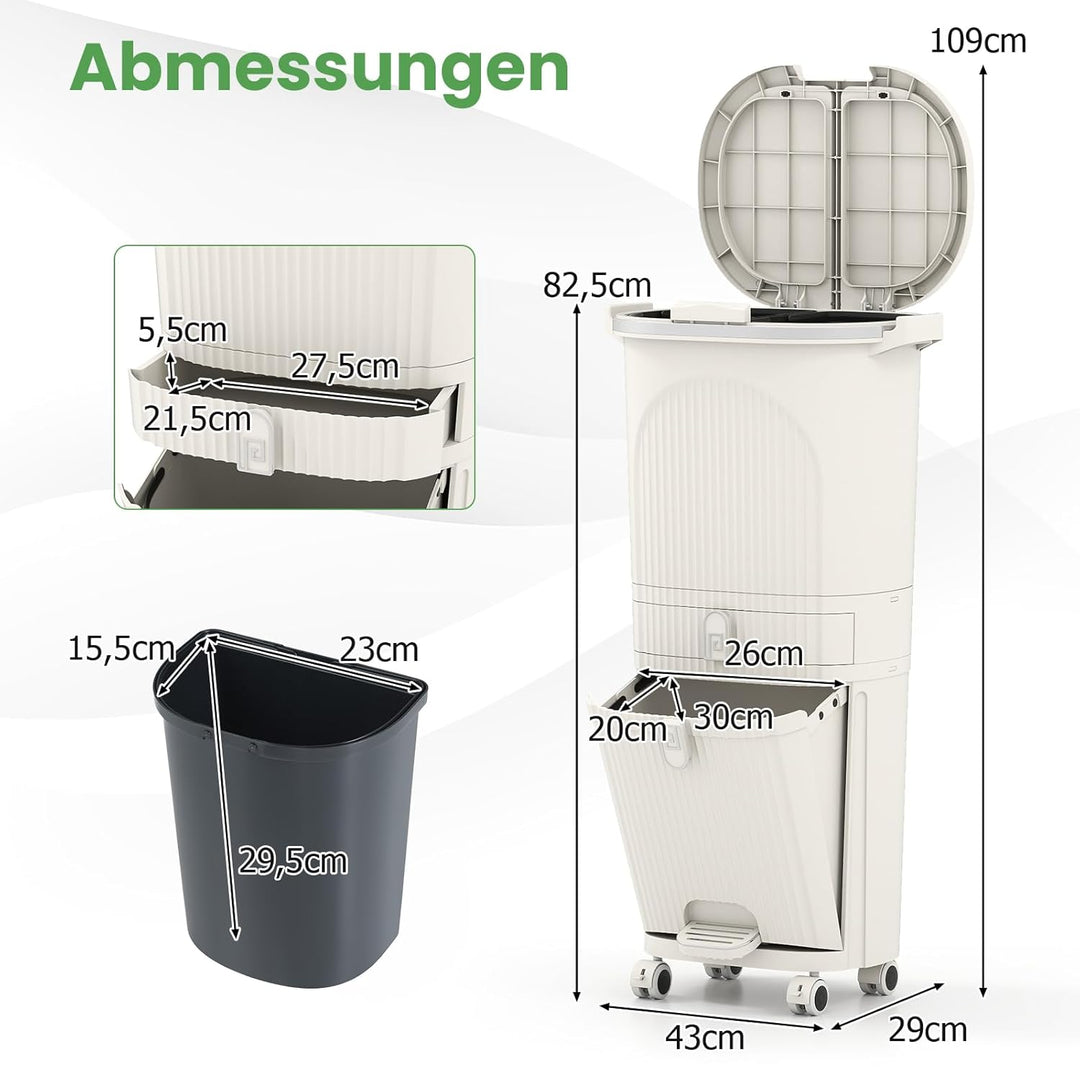 COSTWAY Mülleimer Küche, Mülltrennsystem 3 Fächer, 2 x 12L Inneneimer & 14L Treteimer, Abfalleimer m