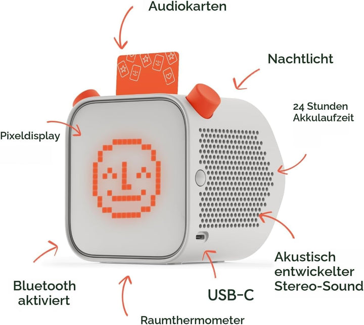 YOTO Player + Starter Pack für Kleinkinder, Geschichtenerzähler mit Nachtlicht, Uhr, 5 englische Aud