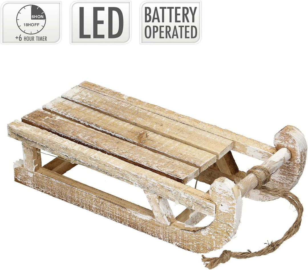 ECD Germany Deko Schlitten aus Holz mit 25 Warmweissen LEDs, 31,5x14,5x10,5 cm, Braun-Natur, Batterr