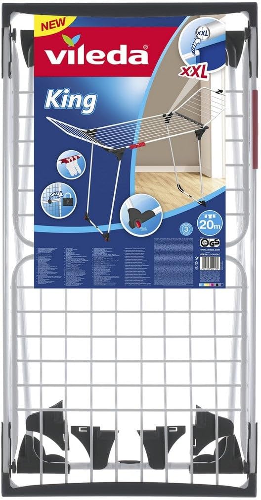 Vileda King Wäscheständer, 20 m Trockenleinenlänge, Kleinteilehalterung, 2.7 kg, 2.7 kg Grau