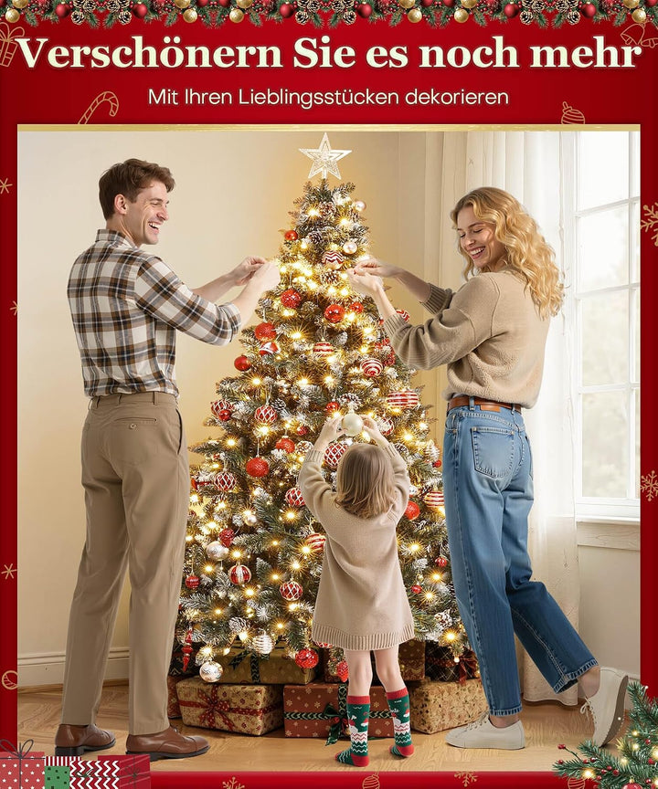 Yorbay künstlicher Weihnachtsbaum mit Beleuchtung und weissem Schnee, LED Tannenbaum für Weihnachten