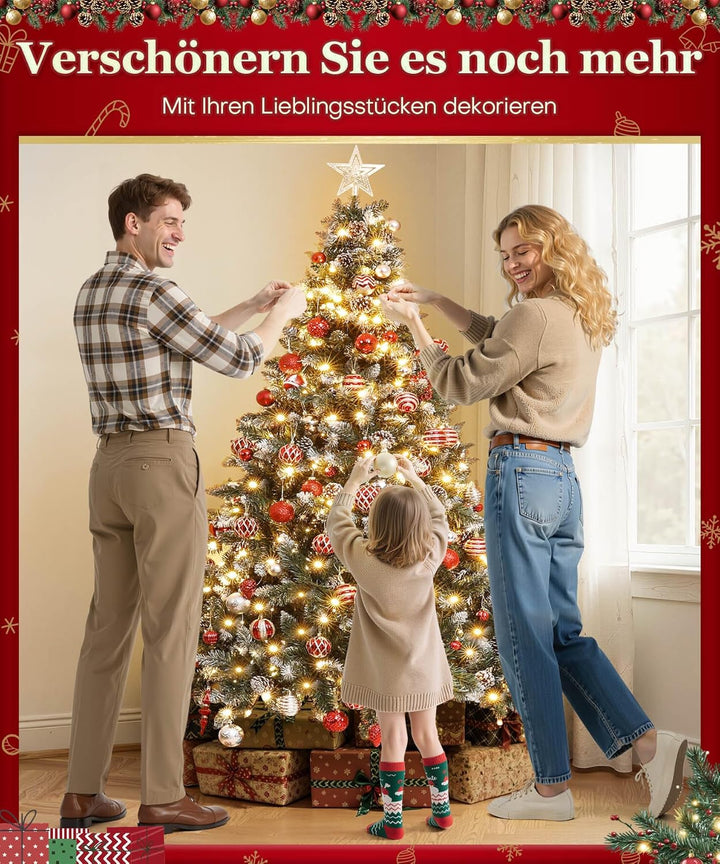 Yorbay künstlicher Weihnachtsbaum mit Beleuchtung und weissem Schnee, LED Tannenbaum für Weihnachten
