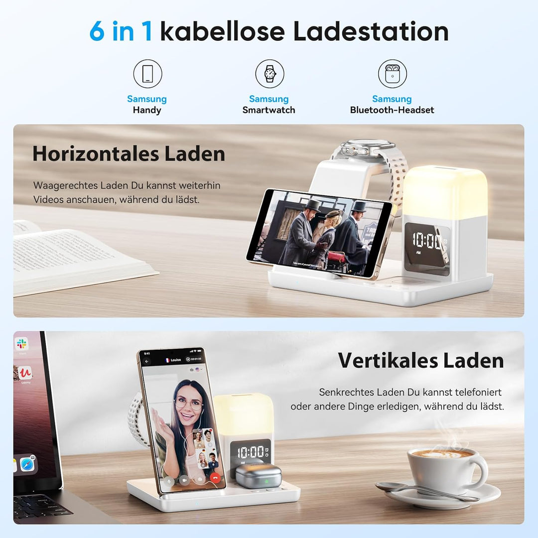 6 in1 Upgradierter Induktive Ladestation für Samsung mit Wecker & 3-Farben-Licht | Wireless Charger
