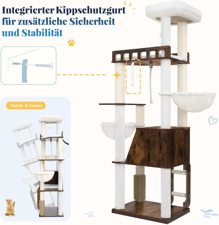Hey‑brother 167cm Holz‑Kratzbaum, modern, für Mehrkatzenhaushalte MPJ111SR | Mehrstöckiger Katzenbau