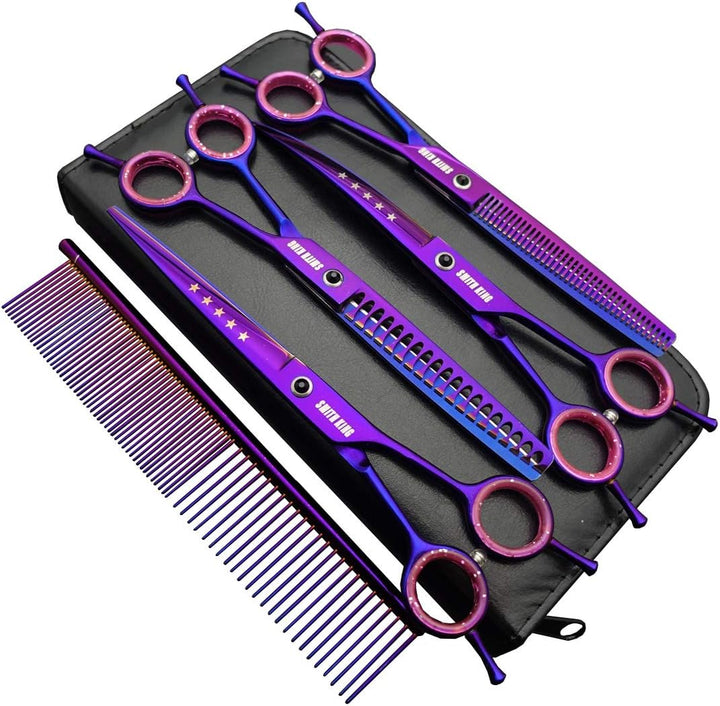 7,0 Zoll Professional Dog Grooming Scissors Set Gerade & Ausdünnen & Gebogen & Chunker & Kamm 5 Stüc
