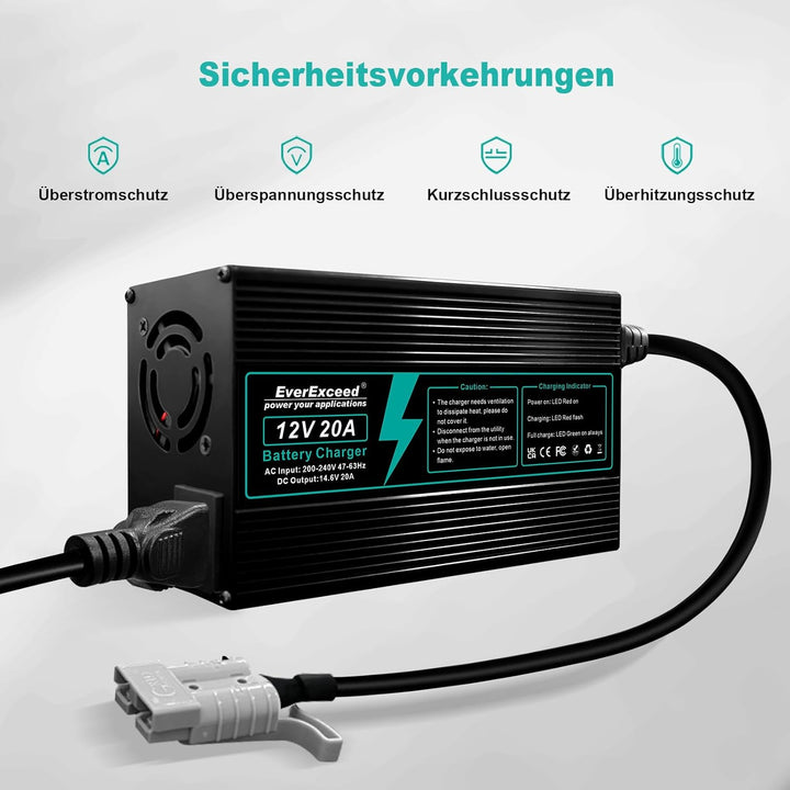 EverExceed Lithium Ladegerät 12V 20A 14,6V Ladegerät Lifepo4 AC-DC, Batterieladegerät Lifepo4 20A fü
