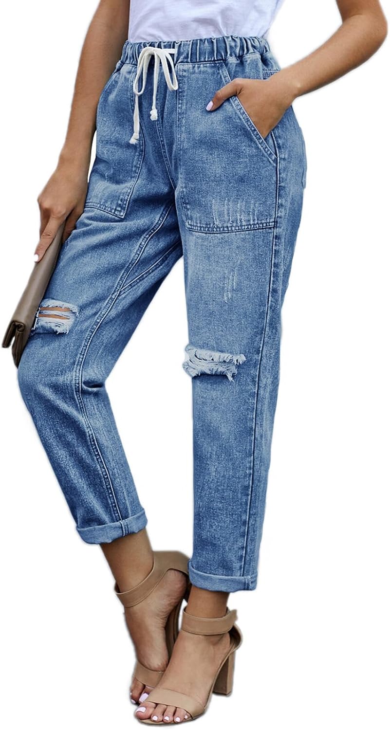 Alaster Queen Jeans Damen Lässig High Waist Jeans Baggy Jeans Damen Knie Zerrissen Jeans 209-blau S,