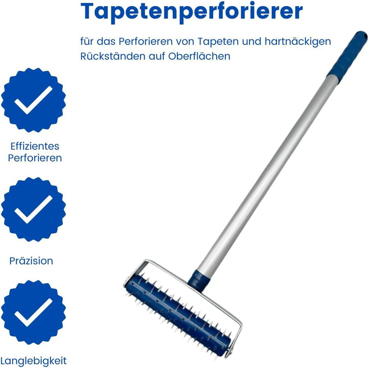 Tapeten Entferner Set - Tapetenperforierer mit ausziehbarem Teleskopstiel - Tapetenschaber und Spach