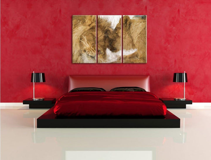 Pixxprint Kuschelnde Löwen Pinsel Effekt 3-Teiler Leinwandbild 120x80 Bild auf Leinwand