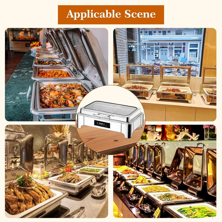 Chafing Dish Elektrisch, 9L Edelstahl Speisewärmer Buffetwärmer Einstellbare Temperatur, Warmhaltebe