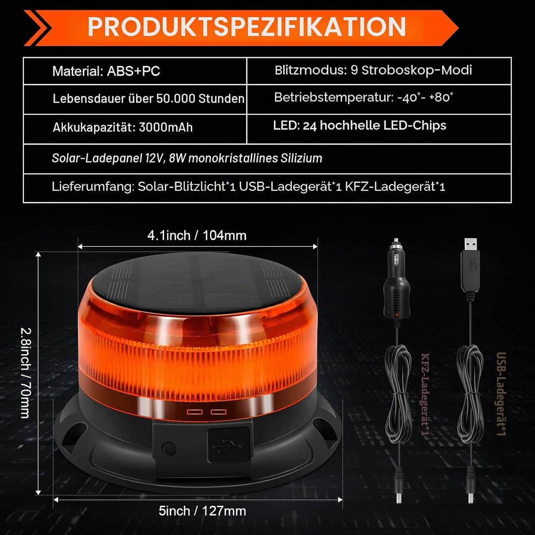 antom rundumleuchte akku Solarenergie 9 Blitzmuster 12V 24V Gelb Warnleuchte led Magnet mit 3 Meters