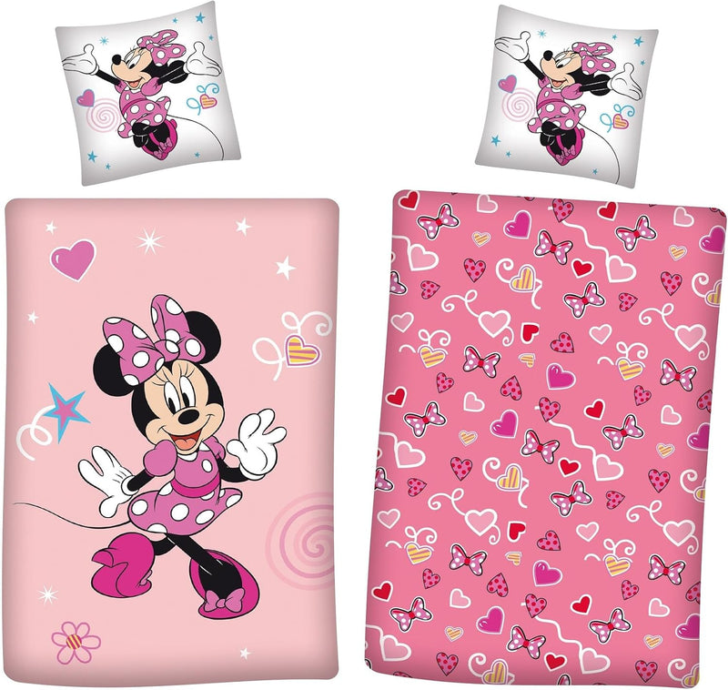 Minnie Mouse Winter-Bettwäsche Set 135x200 + 80x80 cm aus 100% Baumwolle · Rosa Biber-Bettwäsche mit